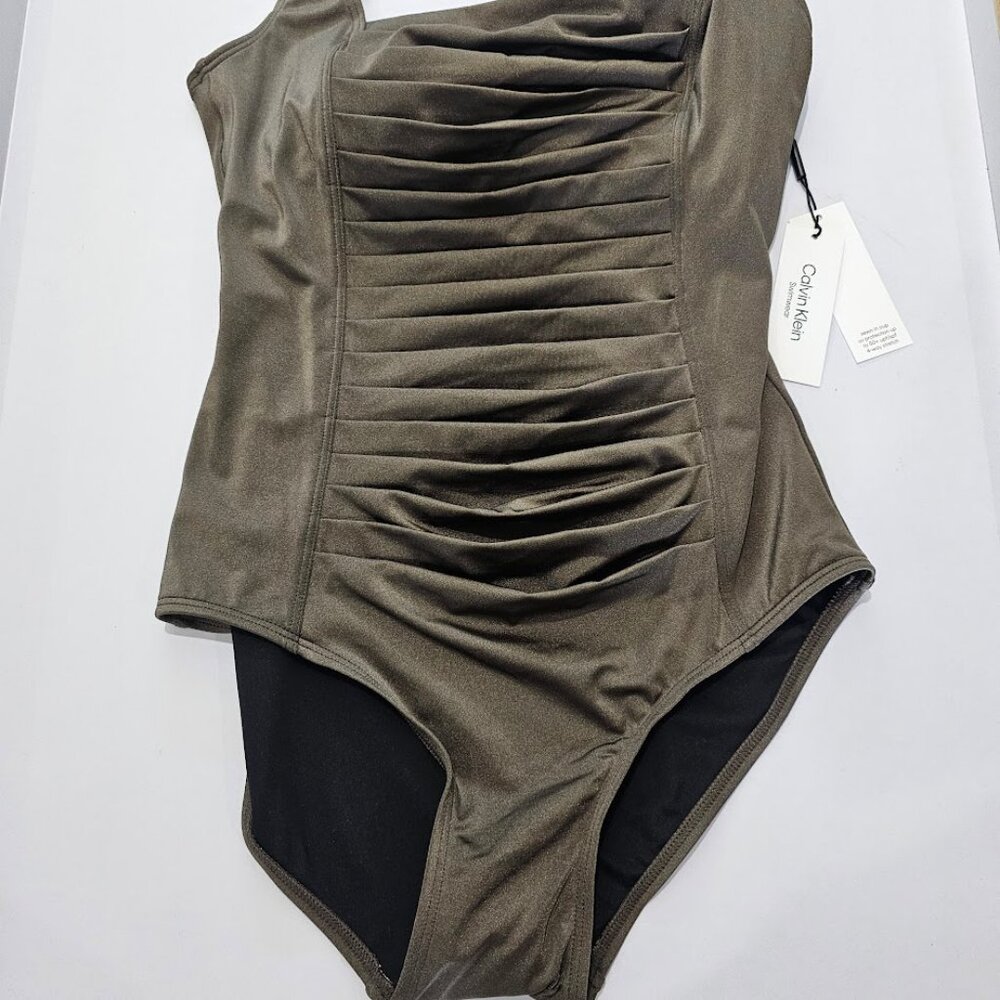 Calvin Klein Shimmer Pleated One Piece Swimsuit Bronze - Picture 5 of 12